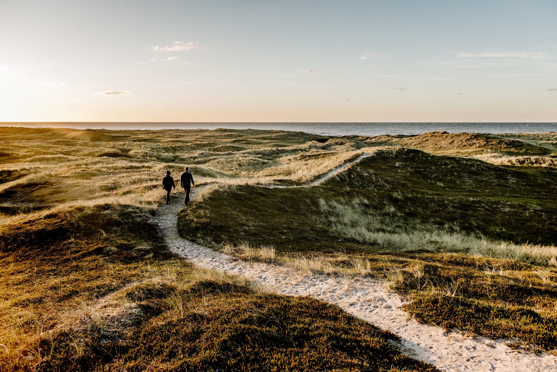 Paar beim Wandern in der malerischen Landschaft des Nationalpark Thy
